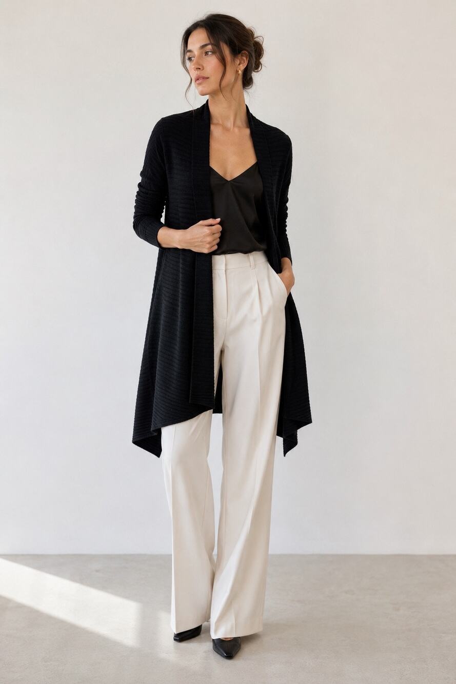 Tahari Women M Black 100% Cashmere Long Open Front Cardigan Sweater Quiet Luxury